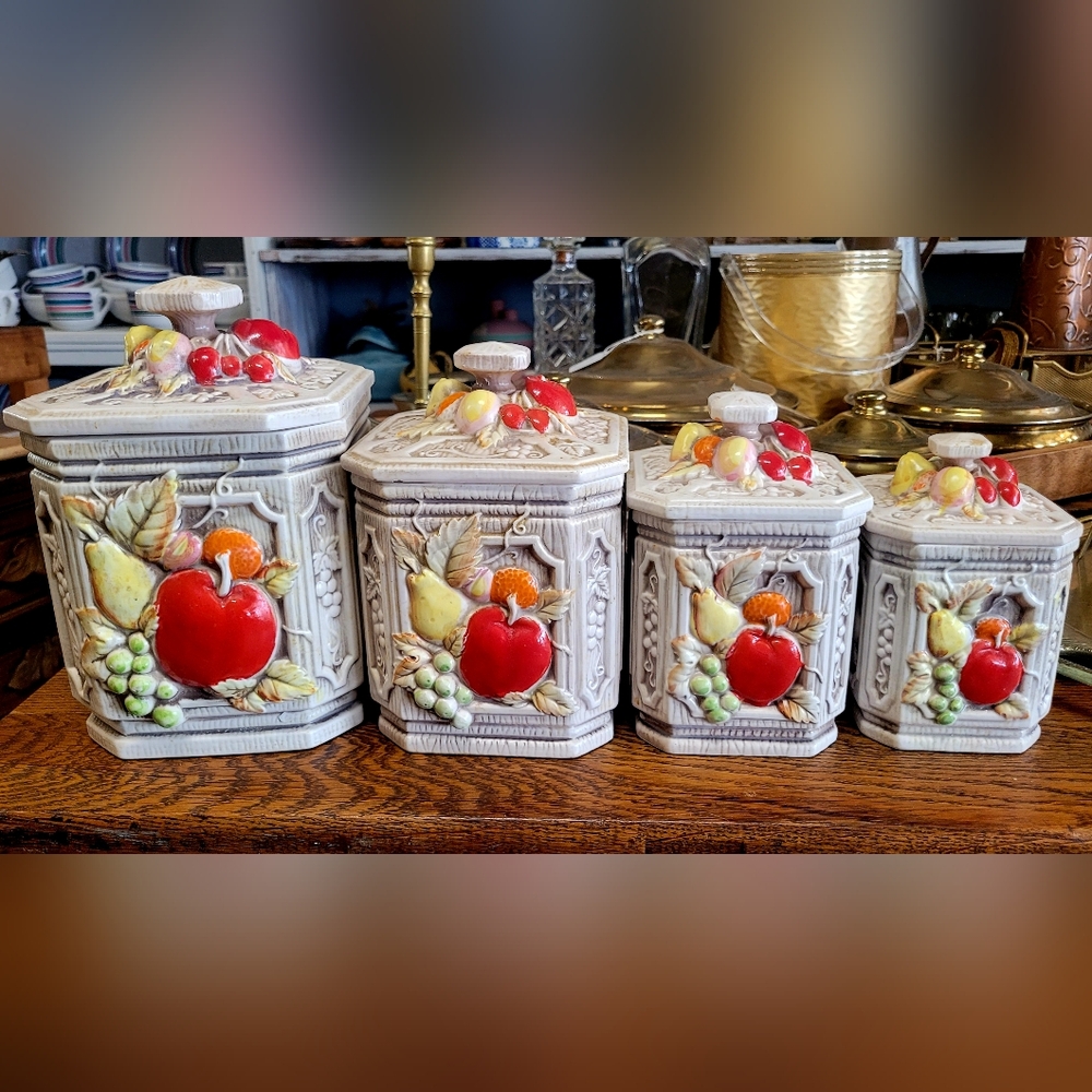 Vintage New Trends 1950" Handpainted  Fruit Embossed Ceramic Canister Set